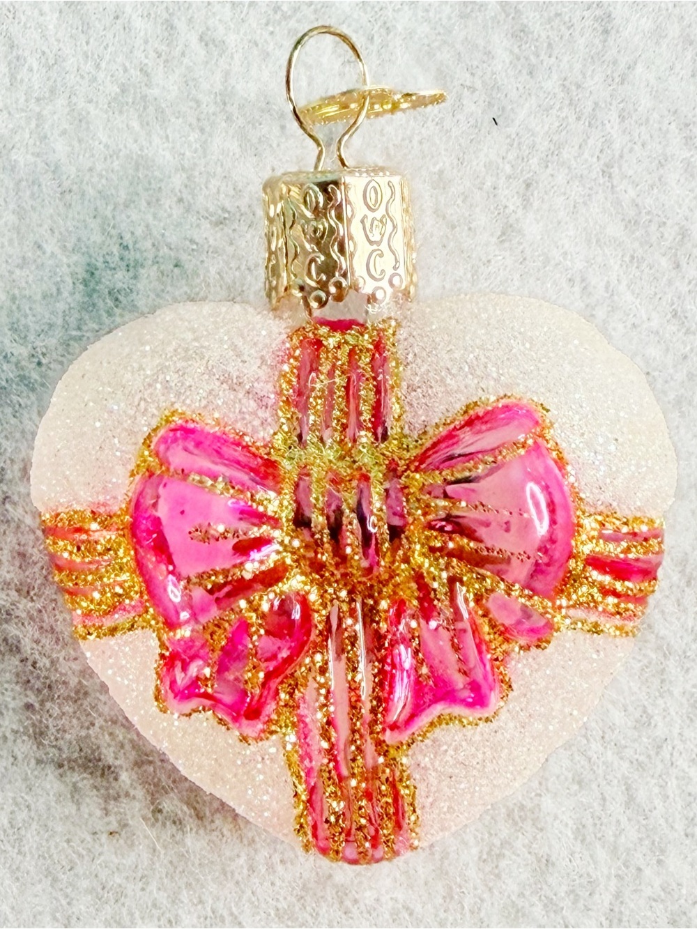 Old World Christmas Glass Heart Ornament with Bow & Bells Pink Gold Glitter